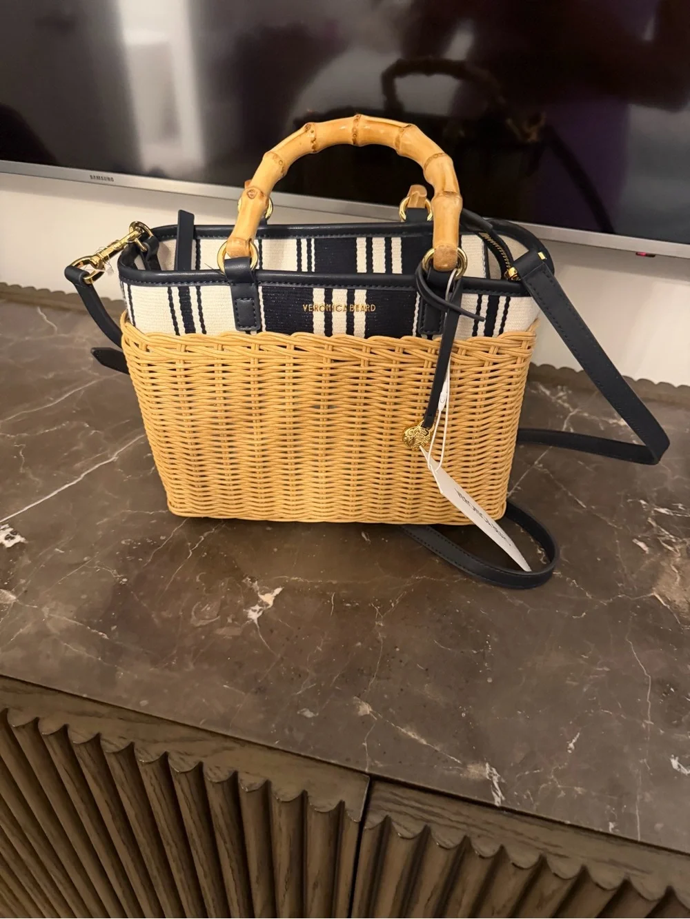 Veronica Beard Tan Wicker Tote with Navy Trim & Bamboo Handles